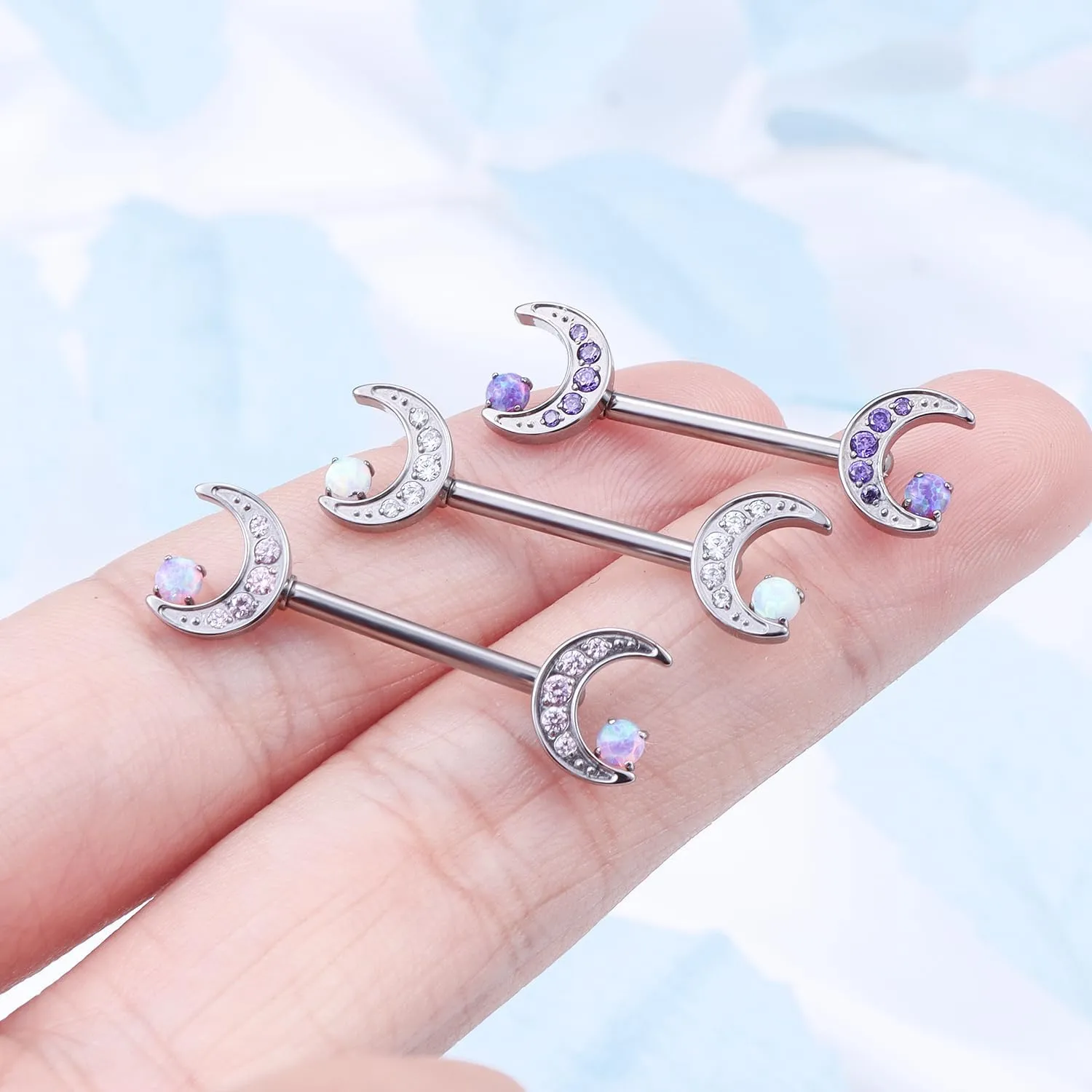 14G ASTM F136 Titanium Nipple Piercing Jewelry Moon CZ Opal Nipple Barbell Jewelry Internally Threaded G23 Solid Nipple Piercing Barbell Ring Jewelry for Women Men 14 Gauge