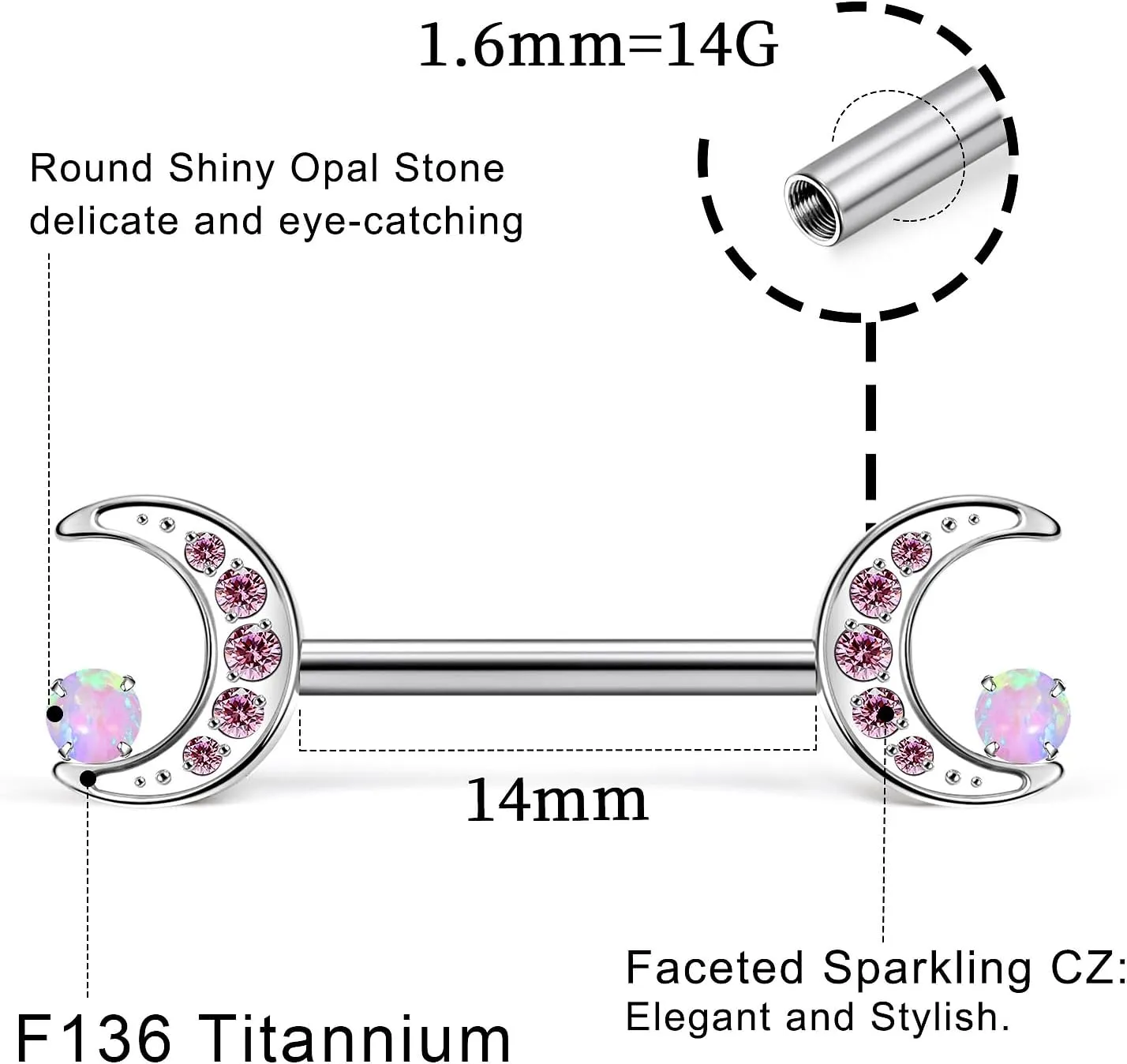 14G ASTM F136 Titanium Nipple Piercing Jewelry Moon CZ Opal Nipple Barbell Jewelry Internally Threaded G23 Solid Nipple Piercing Barbell Ring Jewelry for Women Men 14 Gauge