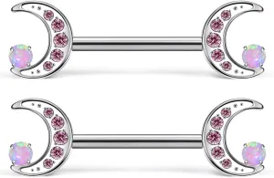 14G ASTM F136 Titanium Nipple Piercing Jewelry Moon CZ Opal Nipple Barbell Jewelry Internally Threaded G23 Solid Nipple Piercing Barbell Ring Jewelry for Women Men 14 Gauge