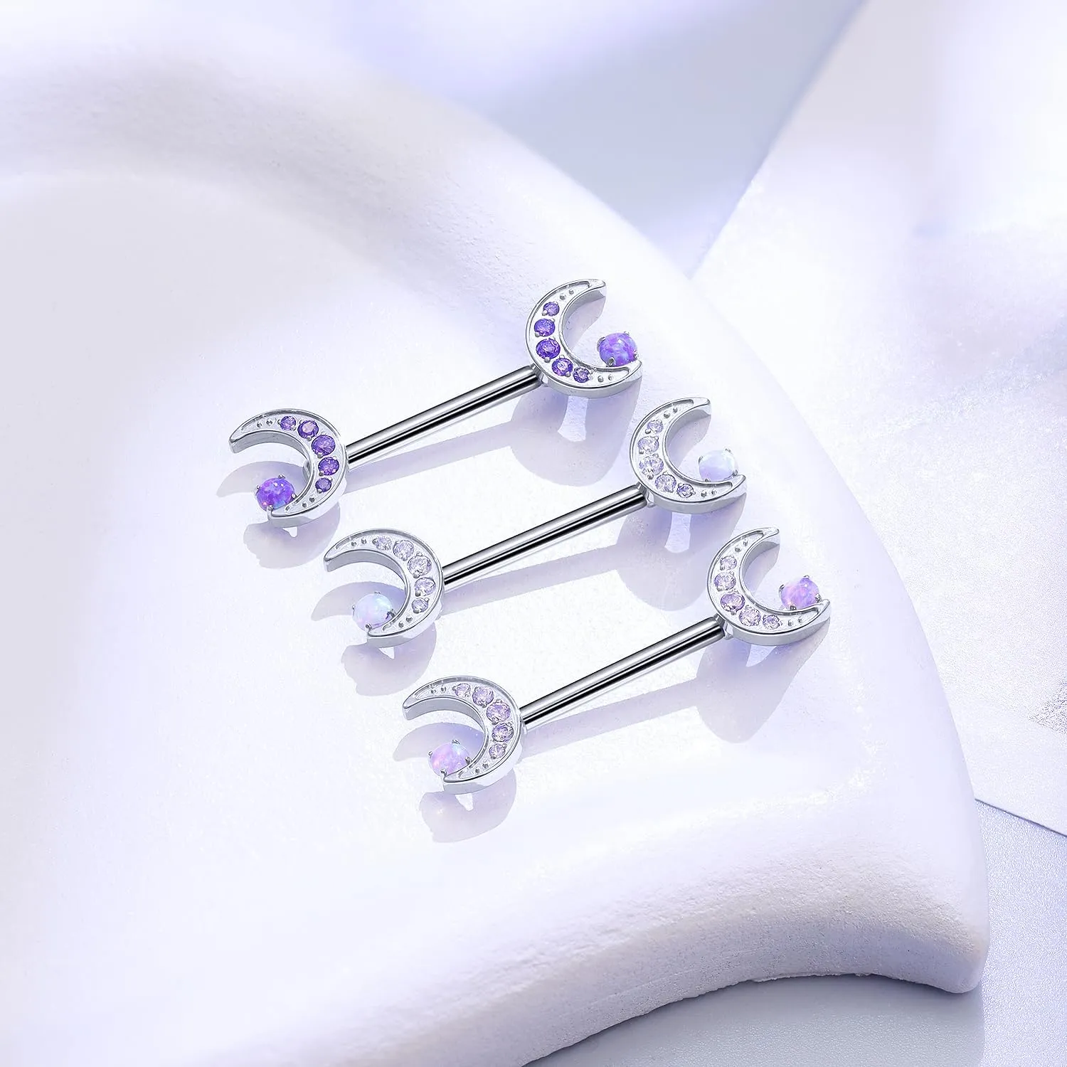 14G ASTM F136 Titanium Nipple Piercing Jewelry Moon CZ Opal Nipple Barbell Jewelry Internally Threaded G23 Solid Nipple Piercing Barbell Ring Jewelry for Women Men 14 Gauge