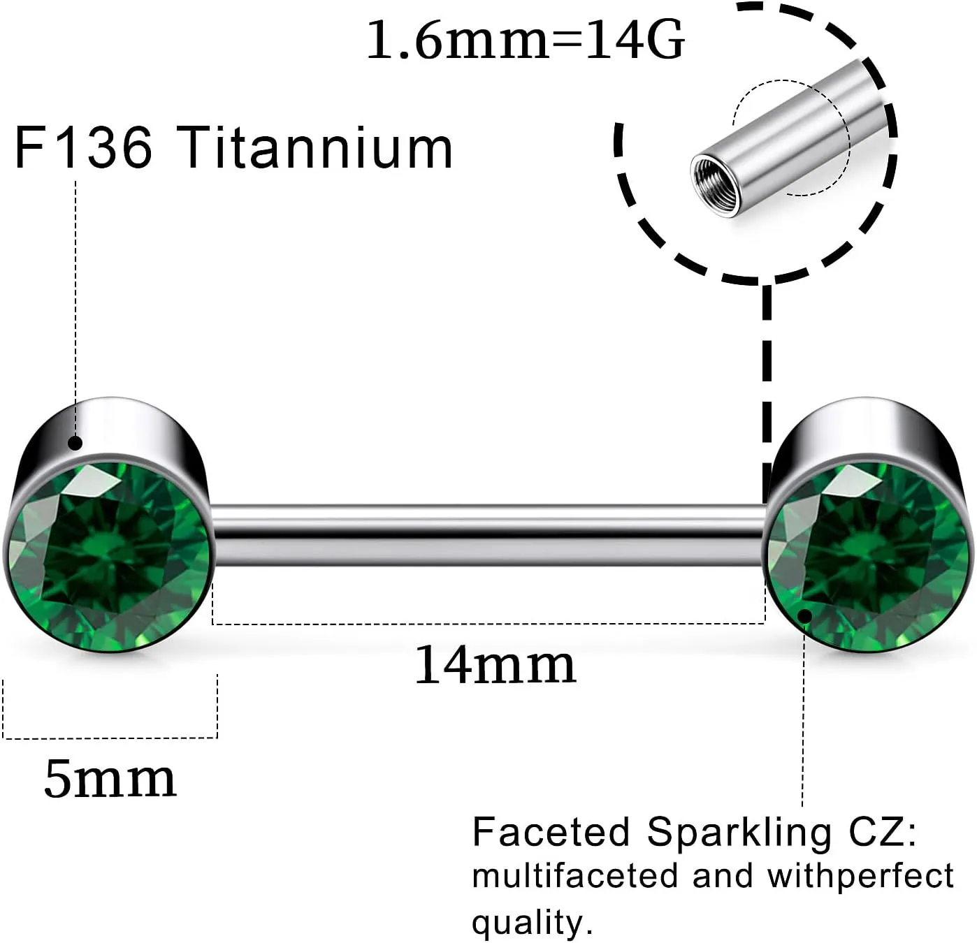 14G ASTM F136 Titanium Nipple Piercing Jewelry Round CZ Nipple Barbell Jewelry Internally Threaded G23 Solid Titanium Nipple Piercing Barbell Ring Jewelry for Women Men 14 Gauge