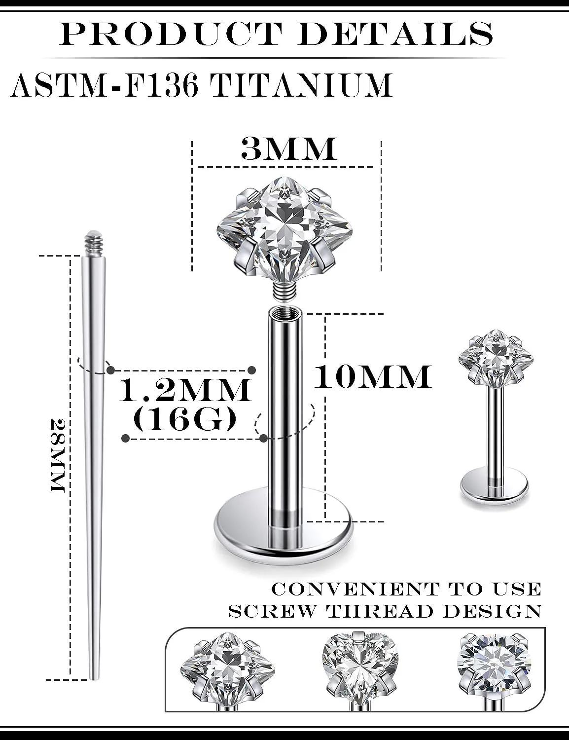 16G F136 Titanium Lip Rings CZ Labret Jewelry Internally Threaded Monroe Lip Ring Medusa Snake Bite Piercing Jewelry Conch Tragus Forward Helix Cartilage Earring Studs Piercing Jewelry