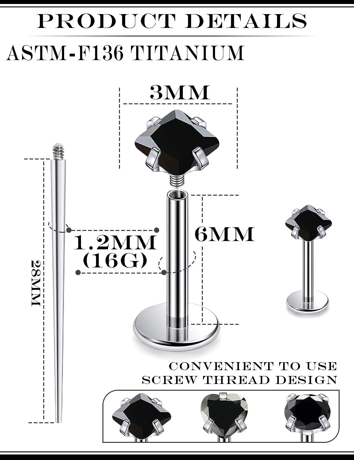 16G F136 Titanium Lip Rings CZ Labret Jewelry Internally Threaded Monroe Lip Ring Medusa Snake Bite Piercing Jewelry Conch Tragus Forward Helix Cartilage Earring Studs Piercing Jewelry