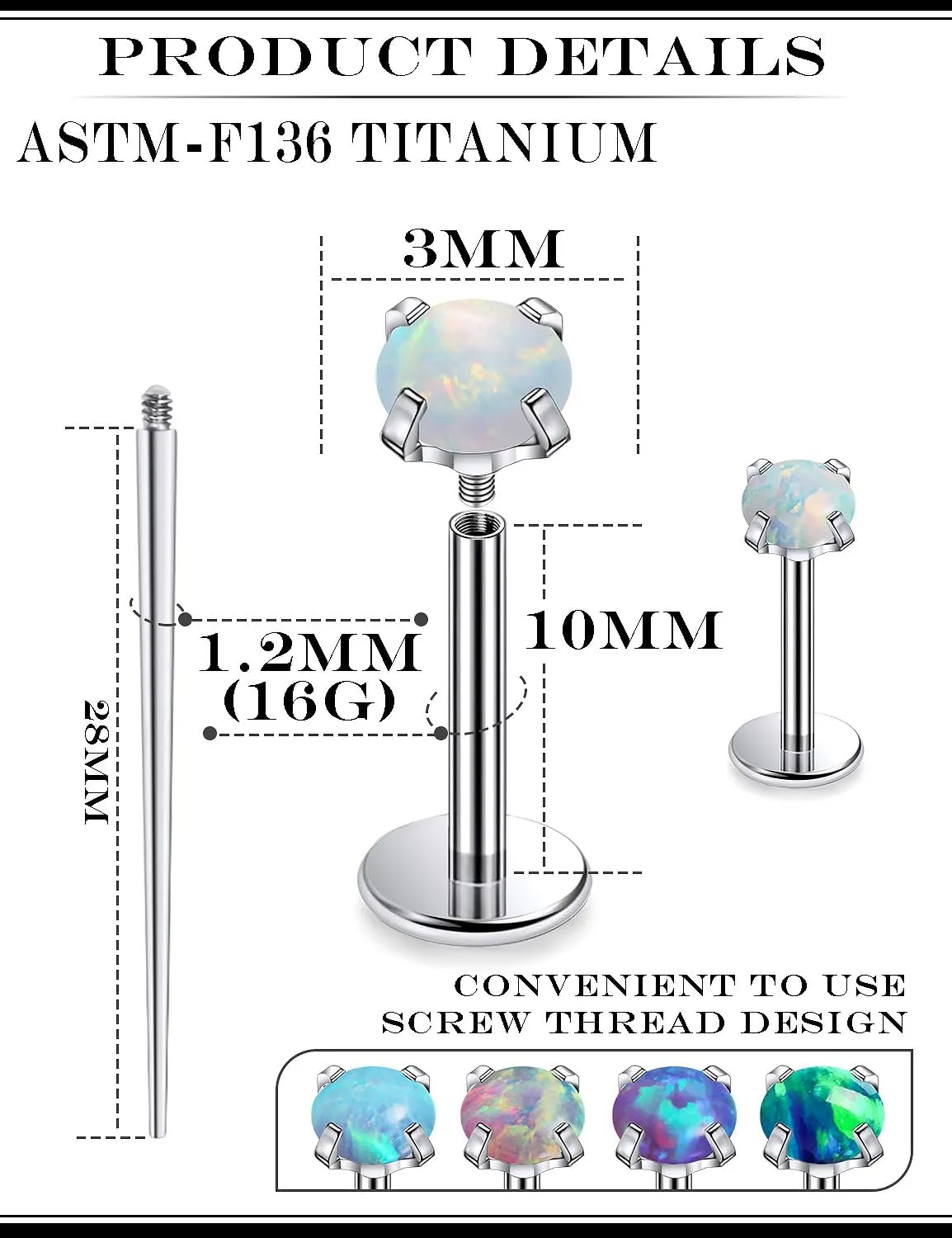 16G F136 Titanium Lip Rings Labret Jewelry Internally Threaded Monroe Lip Ring Medusa Snake Bite Piercing Jewelry Conch Tragus Forward Helix Cartilage Earring Studs Piercing Jewelry Opal