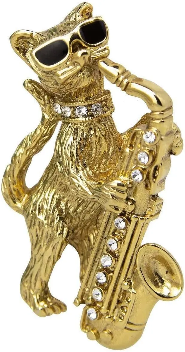 1928 Jewelry Cool Cat The Jazz Meow-sician Pin, 14K Gold Dipped, Enamel & Crystal