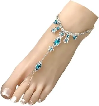 1Pair Blue Crystal Tassel Barefoot Sandals Foot Chain Rhinestone Leg Foot Jewelry Summer High Heel Shoe Chain for Women
