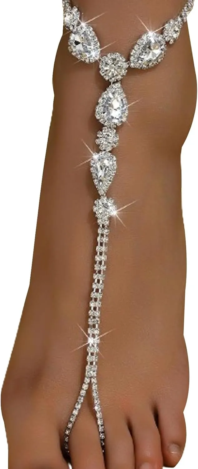 1Pair Summer Boho Rhinestone Foot Chain with Toe Jewelry for Women Wedding Bridal Crystal Barefoot Sandals Bikini Rhinestone Anklet Bracelet Foot Accessories Jewelry