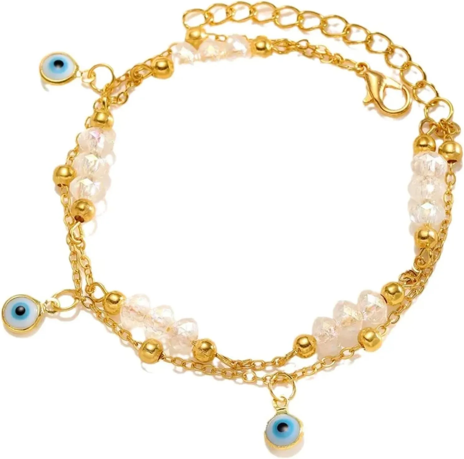 2-Piece Evil Eye Anklet Set with Crystal Beads and Gold Chains, Adjustable Layered Anklets for Women, Dainty Boho Foot Jewelry