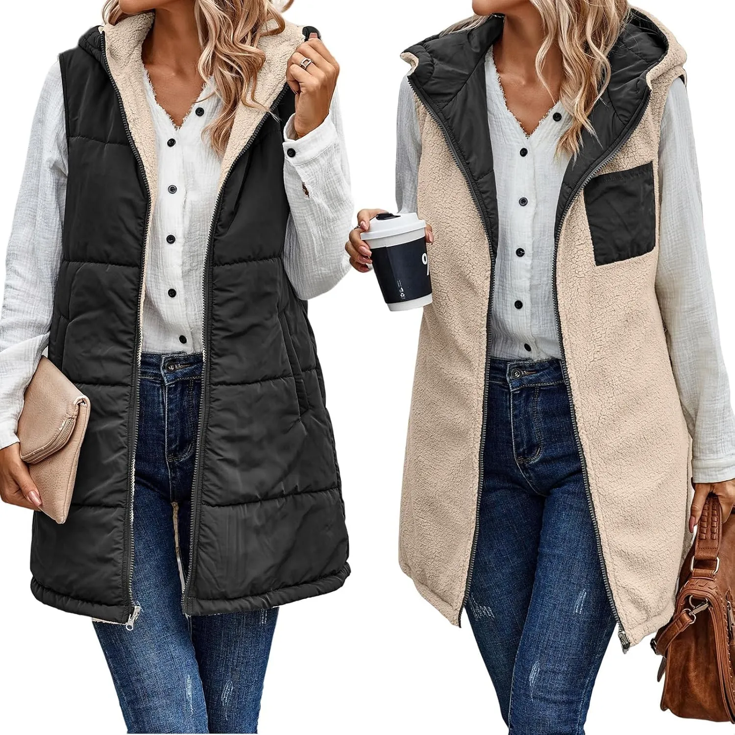 2023 Womens Fall Reversible Vests Sleeveless Fleece Jacket Zip Up Lightweight Down with Pocket Winter Jackets Coats