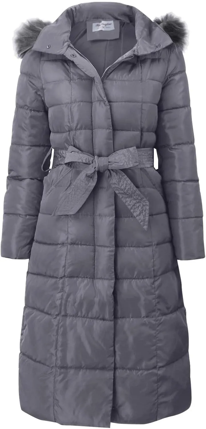 2024 Winter Fashion Solid Long Puffer Coat for Womens with Belt Pocket Hooded Down Coat Casual Warm Fitted Overcoat