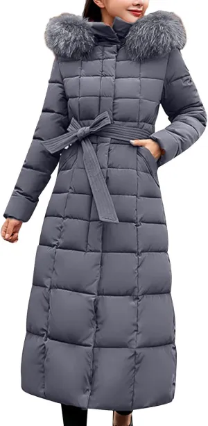 2024 Winter Fashion Solid Long Puffer Coat for Womens with Belt Pocket Hooded Down Coat Casual Warm Fitted Overcoat