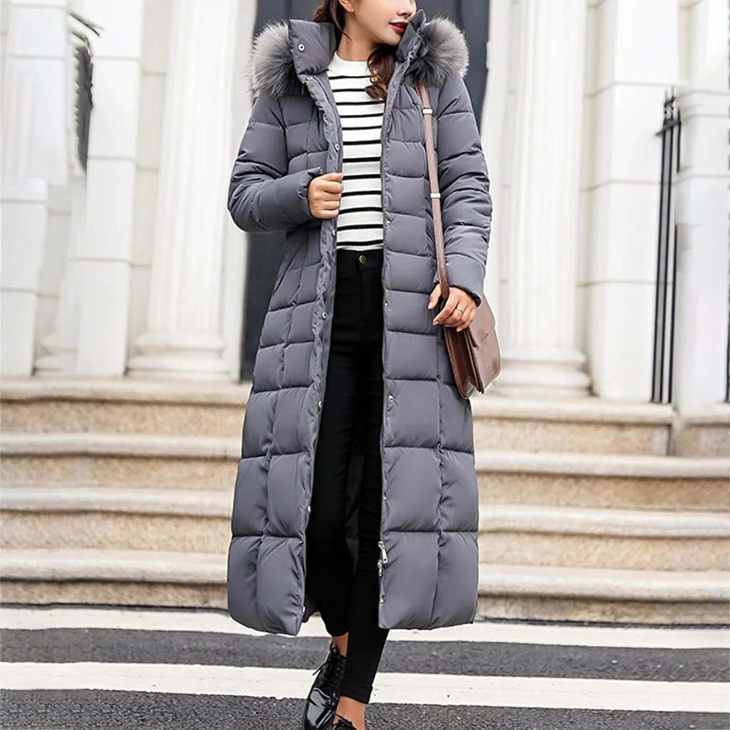 2024 Winter Fashion Solid Long Puffer Coat for Womens with Belt Pocket Hooded Down Coat Casual Warm Fitted Overcoat