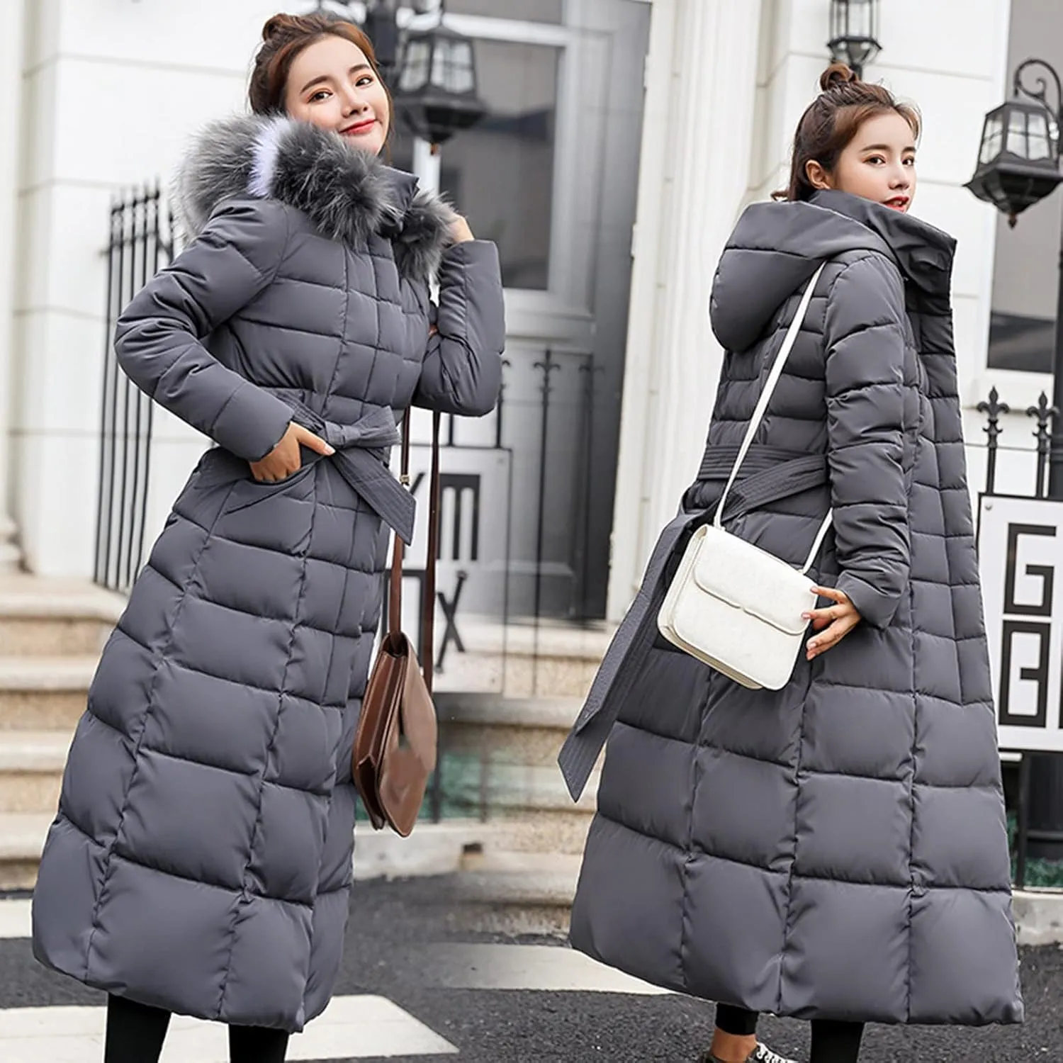 2024 Winter Fashion Solid Long Puffer Coat for Womens with Belt Pocket Hooded Down Coat Casual Warm Fitted Overcoat