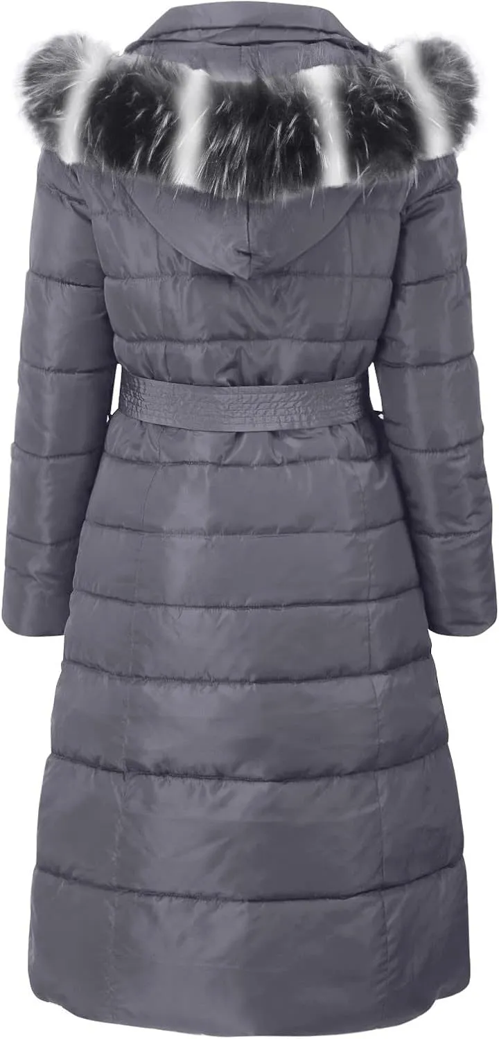 2024 Winter Fashion Solid Long Puffer Coat for Womens with Belt Pocket Hooded Down Coat Casual Warm Fitted Overcoat