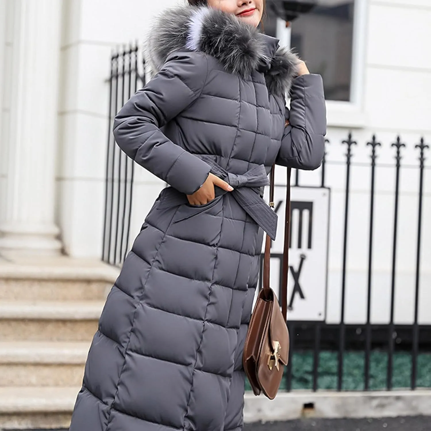 2024 Winter Fashion Solid Long Puffer Coat for Womens with Belt Pocket Hooded Down Coat Casual Warm Fitted Overcoat