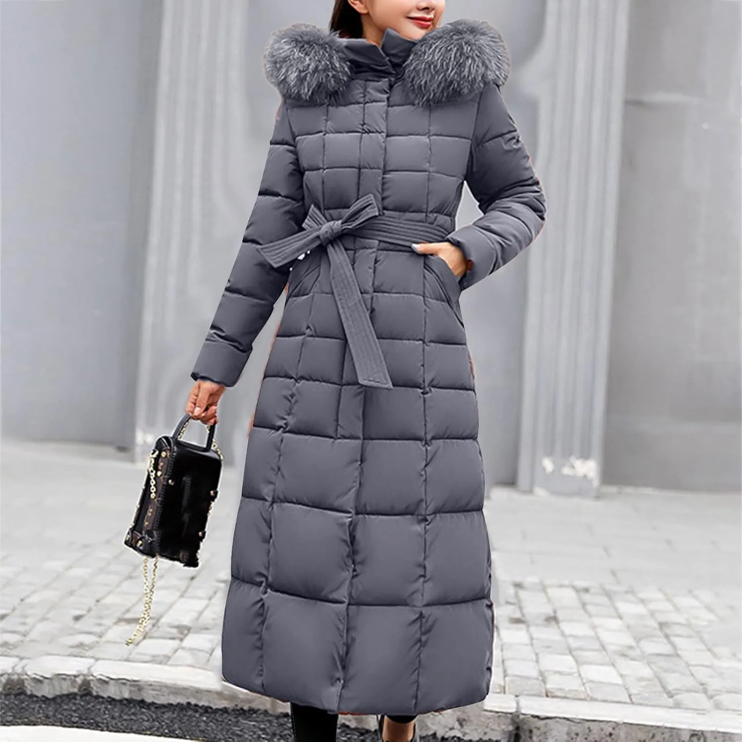 2024 Winter Fashion Solid Long Puffer Coat for Womens with Belt Pocket Hooded Down Coat Casual Warm Fitted Overcoat