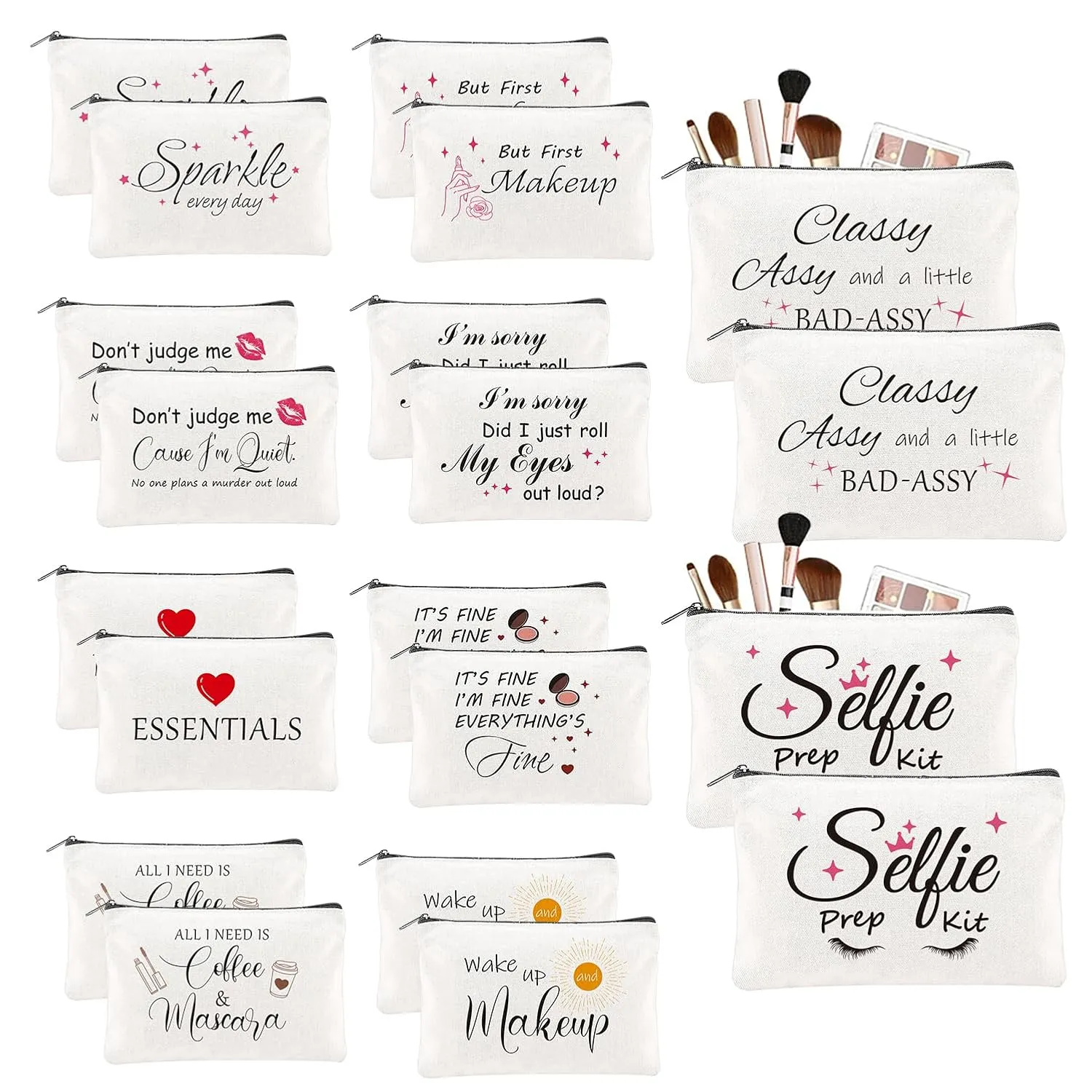 20PCS Make Up Bags Bulk Funny Canvas Cosmetic Bag Inspirational Toiletry Bags Bulk Makeup Pouches for Women Double Sided Printing Bulk Travel Pouch Bulk Gifts for Women Sister Employee