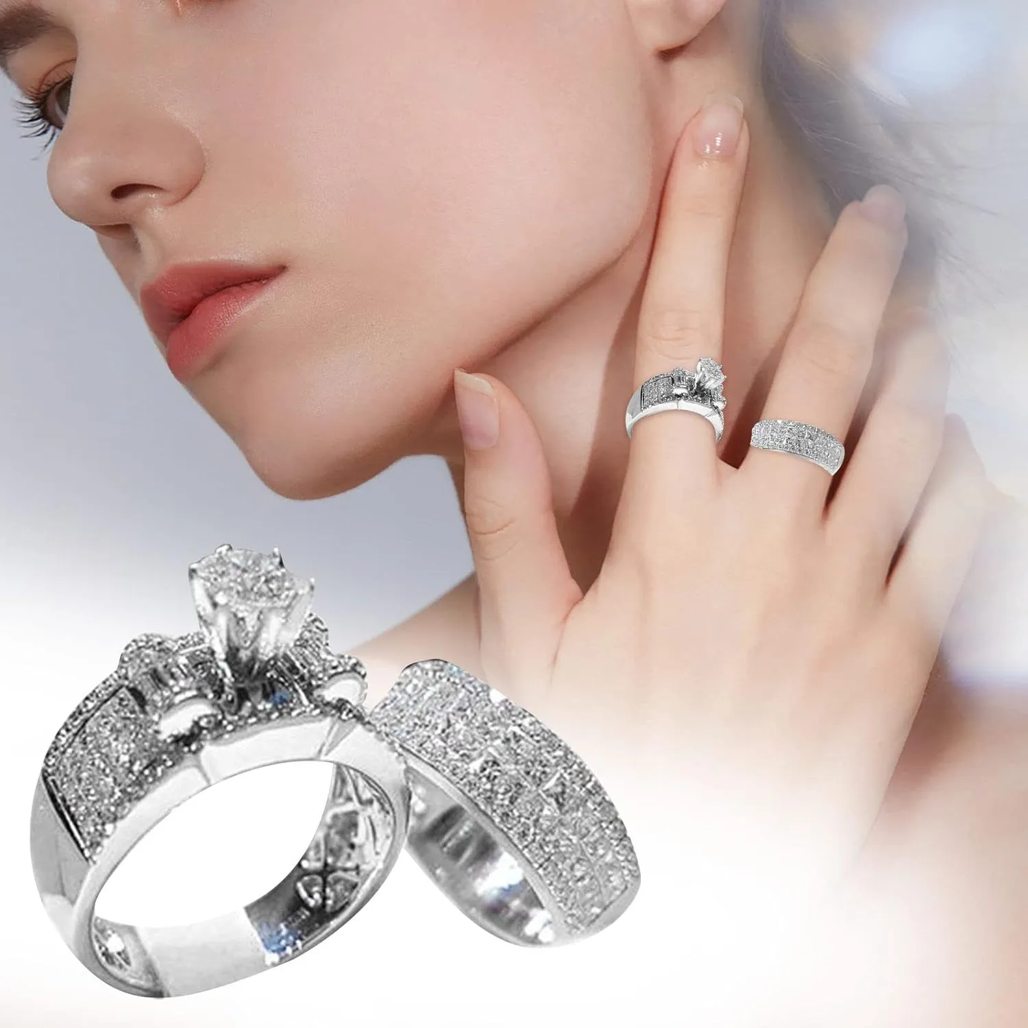 2Pcs Stackable Ring Exquisite Vintage Rings Set Engagement Zirconia Fashion Jewelry for Women Engaged Jewelry Gift