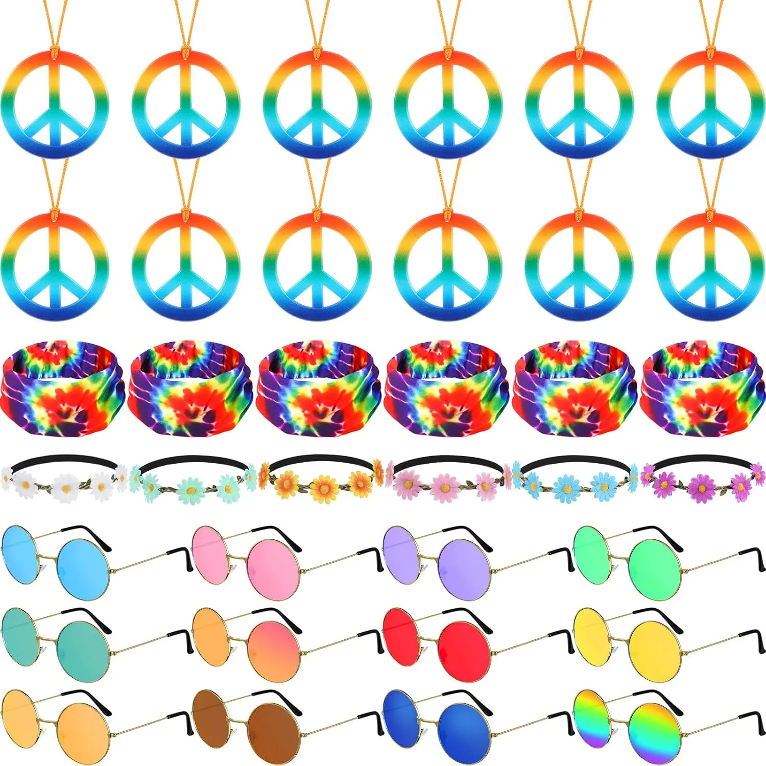 36 Pcs Hippie Costume Set Peace Necklaces Sunflower Headband Hippie Sunglasses Bandana Headband Hippie Dressing Accessories