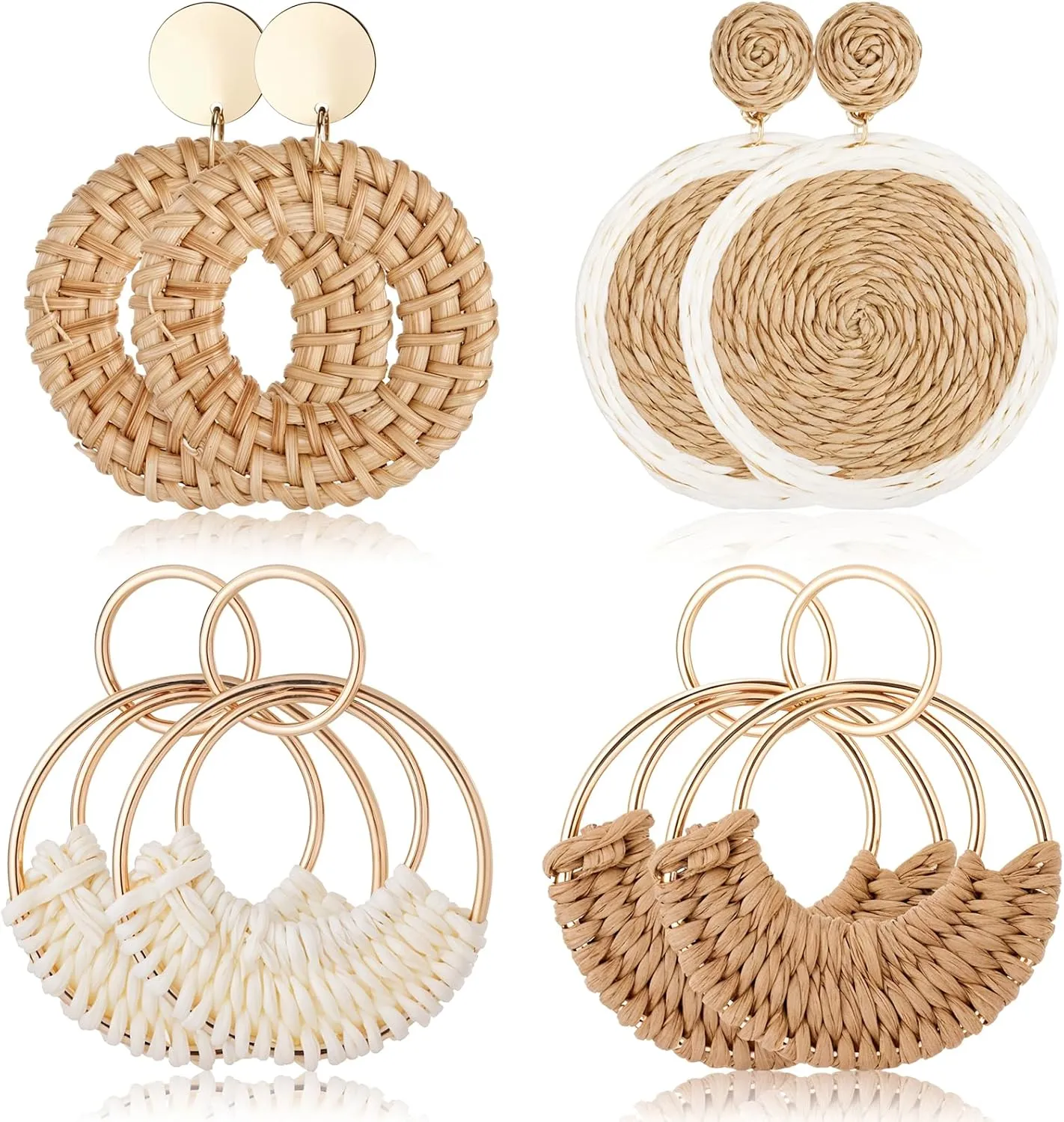 4 Pairs Beach Essentials Dangle Handmade Raffia Rattan Bohemian Round Drop Dangle Earrings Set Fashion Lightweight Summer Statement Hoop Dangles Drops Straw Earring - Vacation Essential