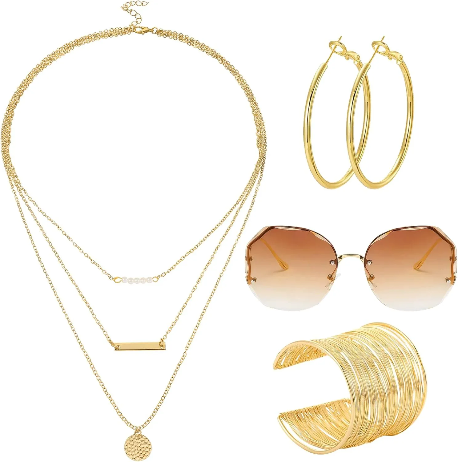 4 Pcs 70s Women Disco Accessories for Party Disco Costume Accessory Set Luxuriant Coil Bracelet Sunglasses Triple-Layered Choker Gold Earrings