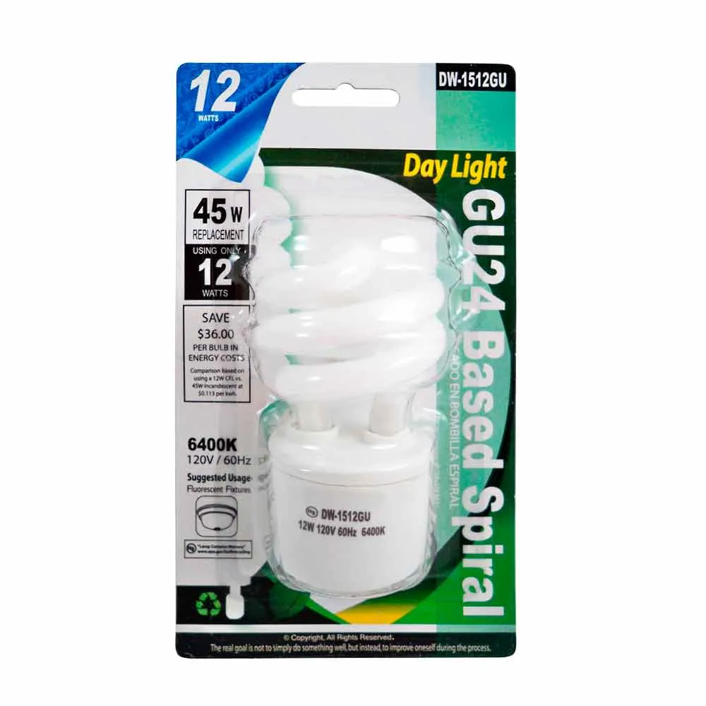 6 Pc Mini Bulb Daylight Light 12W Energy 45 Watt Output Spiral White Fluorescent