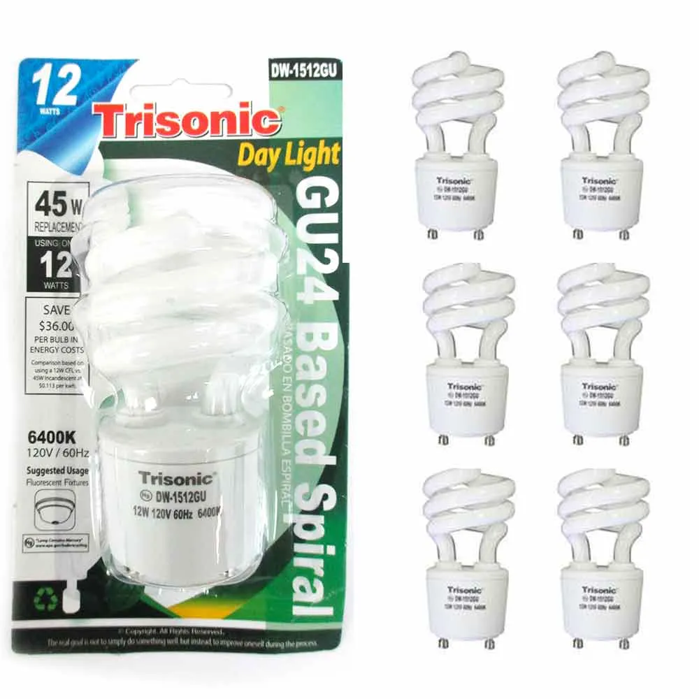 6 Pc Mini Bulb Daylight Light 12W Energy 45 Watt Output Spiral White Fluorescent