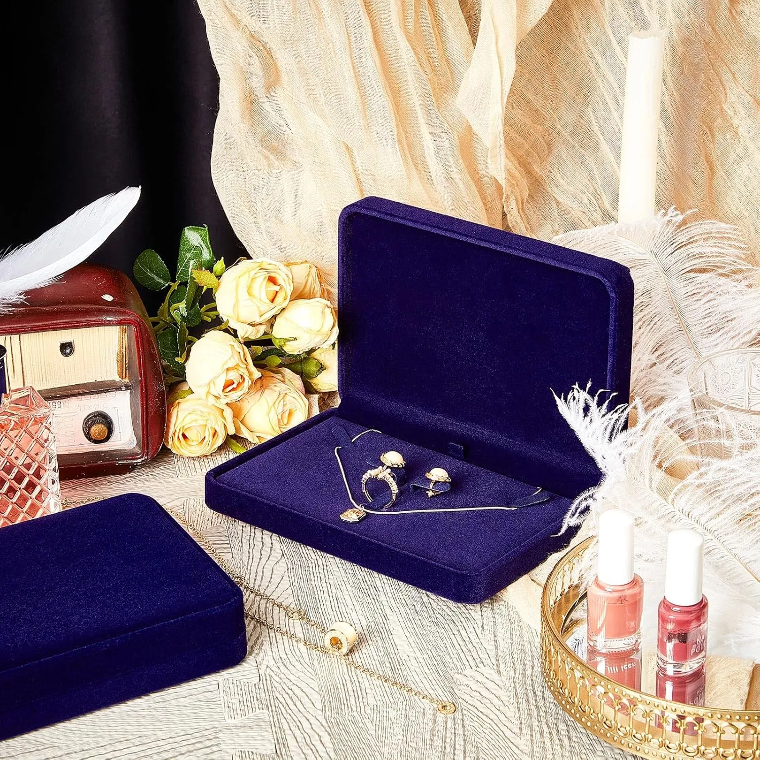 6 Pcs Large Jewelry Set - Necklace, Ring, Earring, Pendant Gift Box - Flannelette Jewelry Case for Traveling