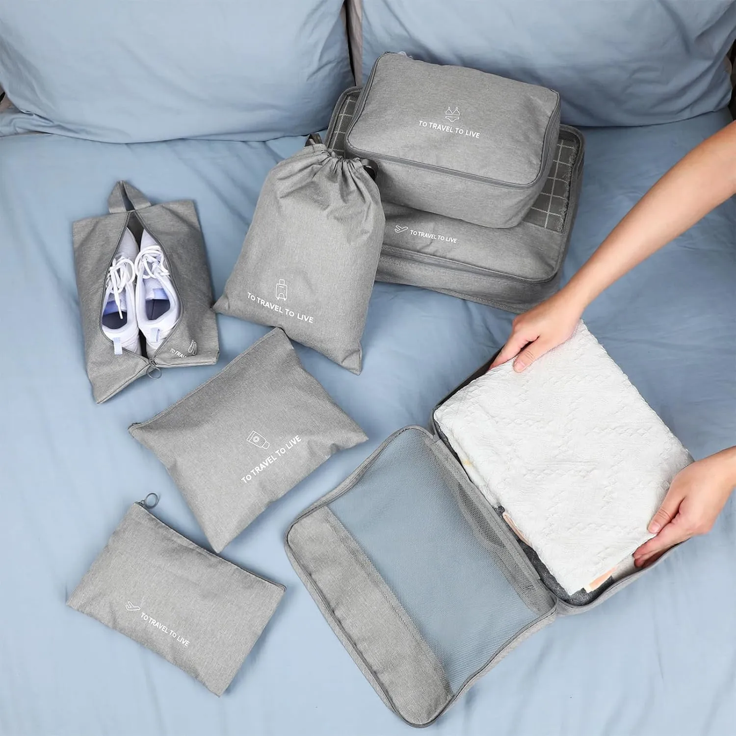 7 Piece Packing Cubes Luggage Accessory Set Compact Travel Storage Bags Underwear Pocket Mesh Pockets Grey