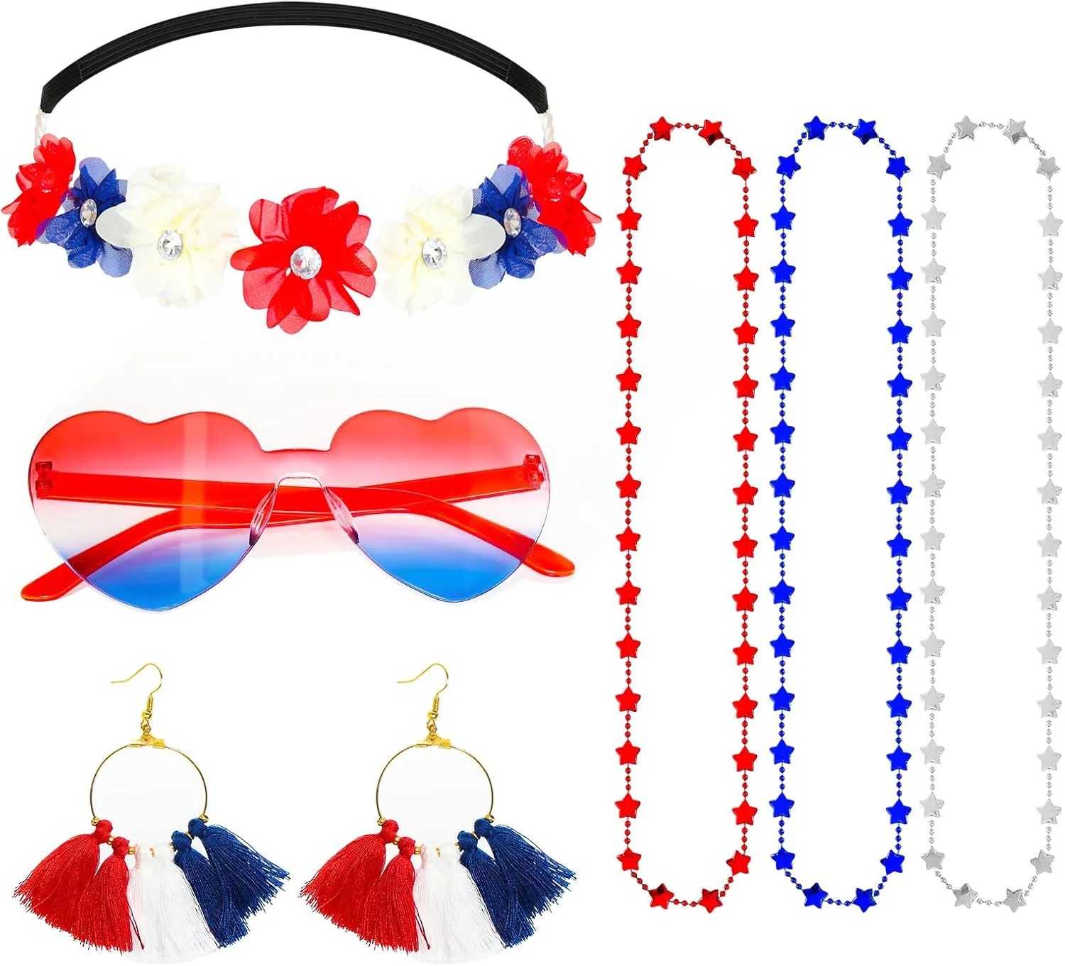 7Pcs 4th of July Accessories Includes Red White and Blue Headband Sunglasses Patriotic Tassel Earring Beaded Necklace for Independence Day Party Supplies