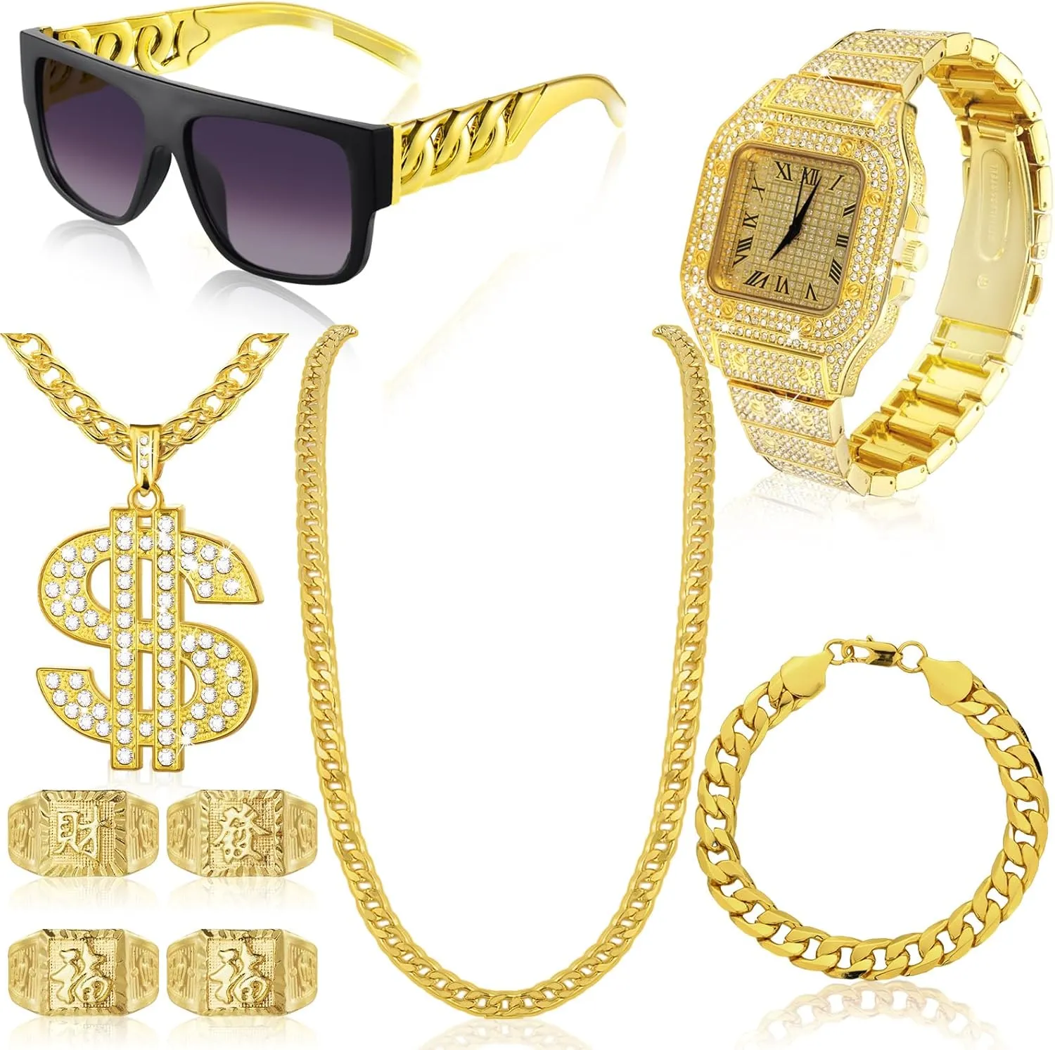 9 Pcs Hip Hop Jewelry Set Dollar Sign Pendant Necklace Bracelet Diamond Watch Punk Sunglasses Lucky Rings for Men