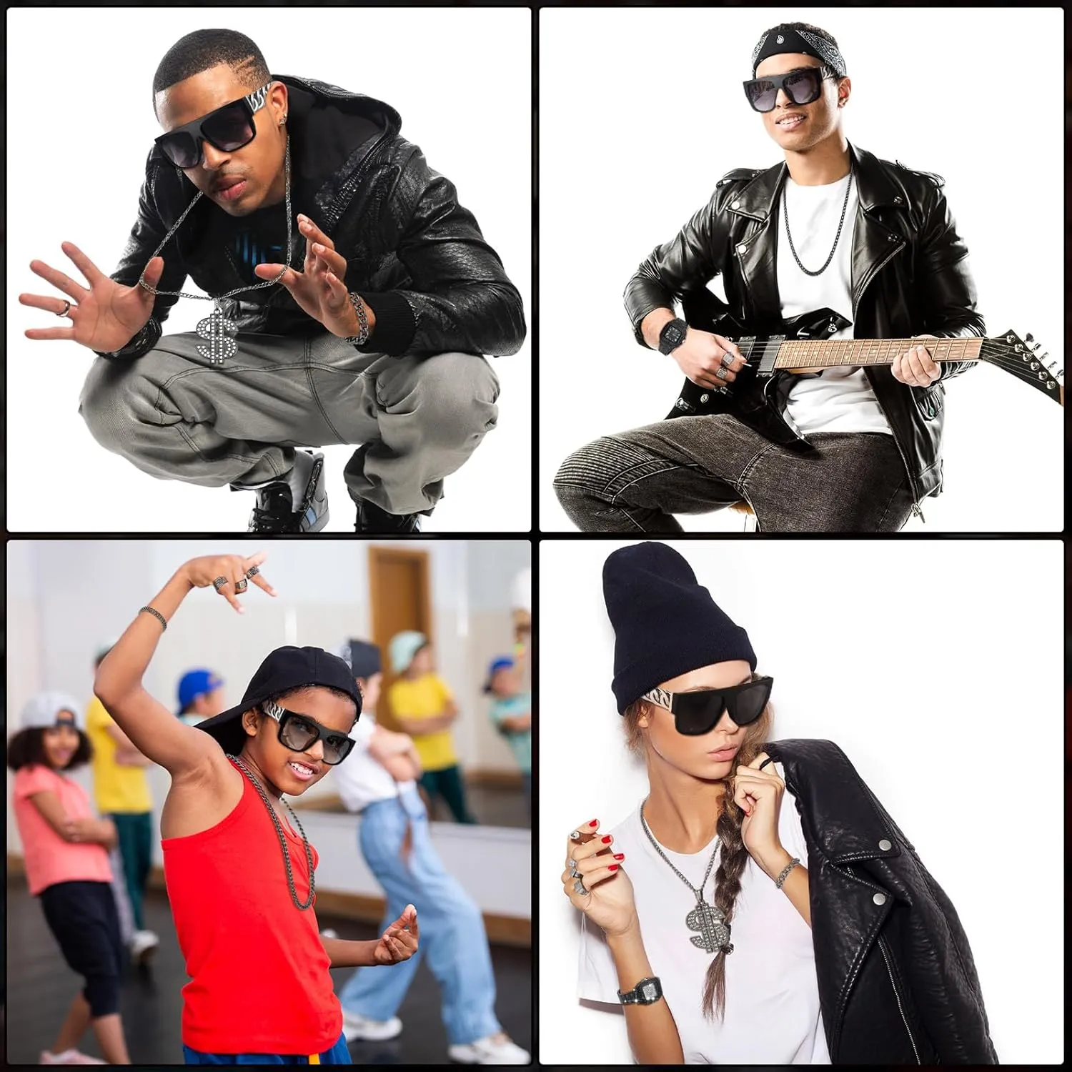 9 Pcs Hip Hop Jewelry Set Dollar Sign Pendant Necklace Bracelet Diamond Watch Punk Sunglasses Lucky Rings for Men