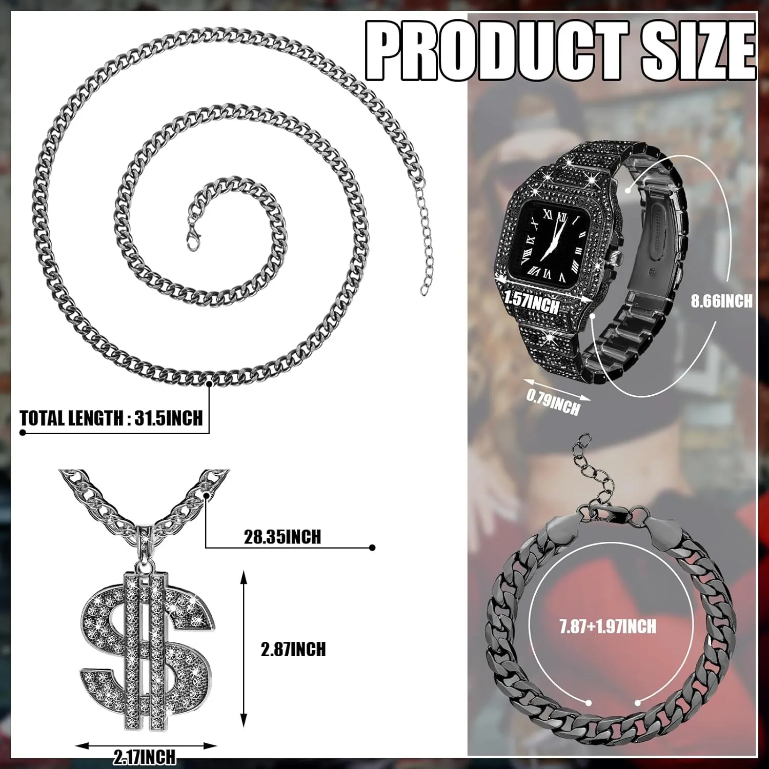 9 Pcs Hip Hop Jewelry Set Dollar Sign Pendant Necklace Bracelet Diamond Watch Punk Sunglasses Lucky Rings for Men