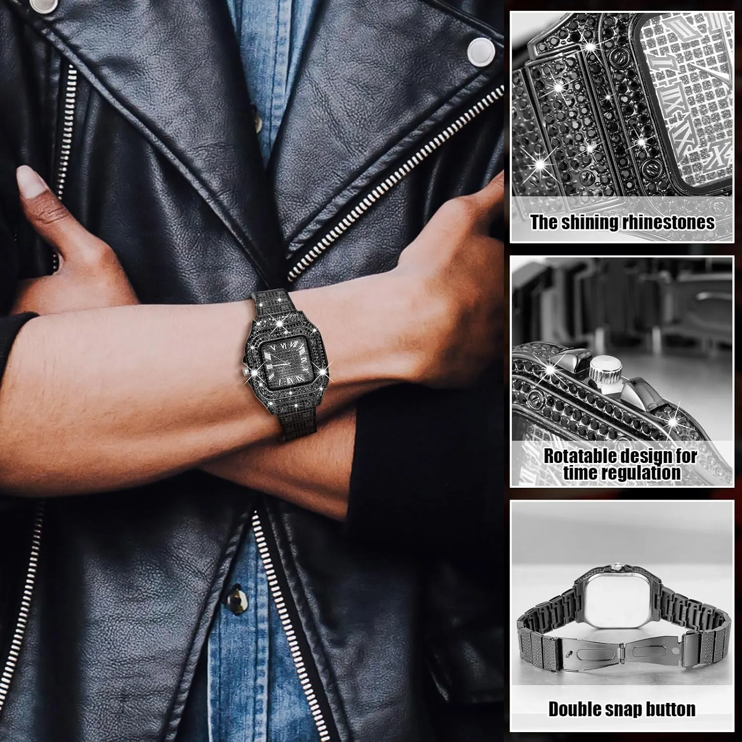 9 Pcs Hip Hop Jewelry Set Dollar Sign Pendant Necklace Bracelet Diamond Watch Punk Sunglasses Lucky Rings for Men