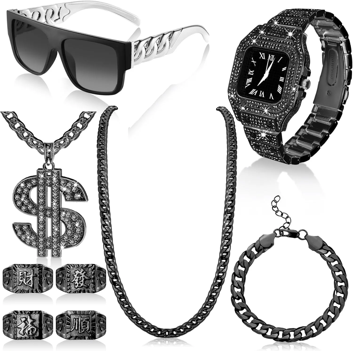 9 Pcs Hip Hop Jewelry Set Dollar Sign Pendant Necklace Bracelet Diamond Watch Punk Sunglasses Lucky Rings for Men