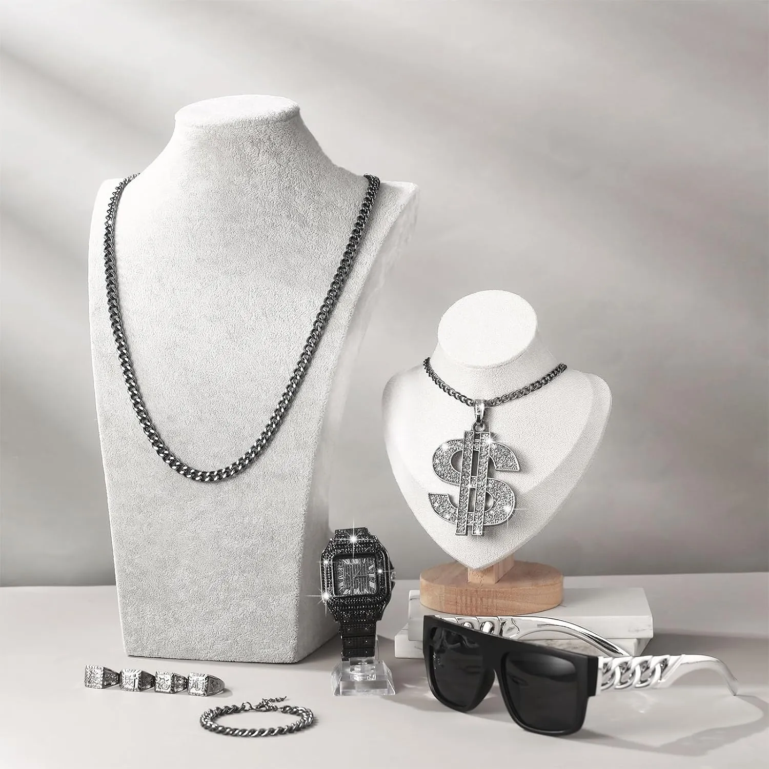 9 Pcs Hip Hop Jewelry Set Dollar Sign Pendant Necklace Bracelet Diamond Watch Punk Sunglasses Lucky Rings for Men