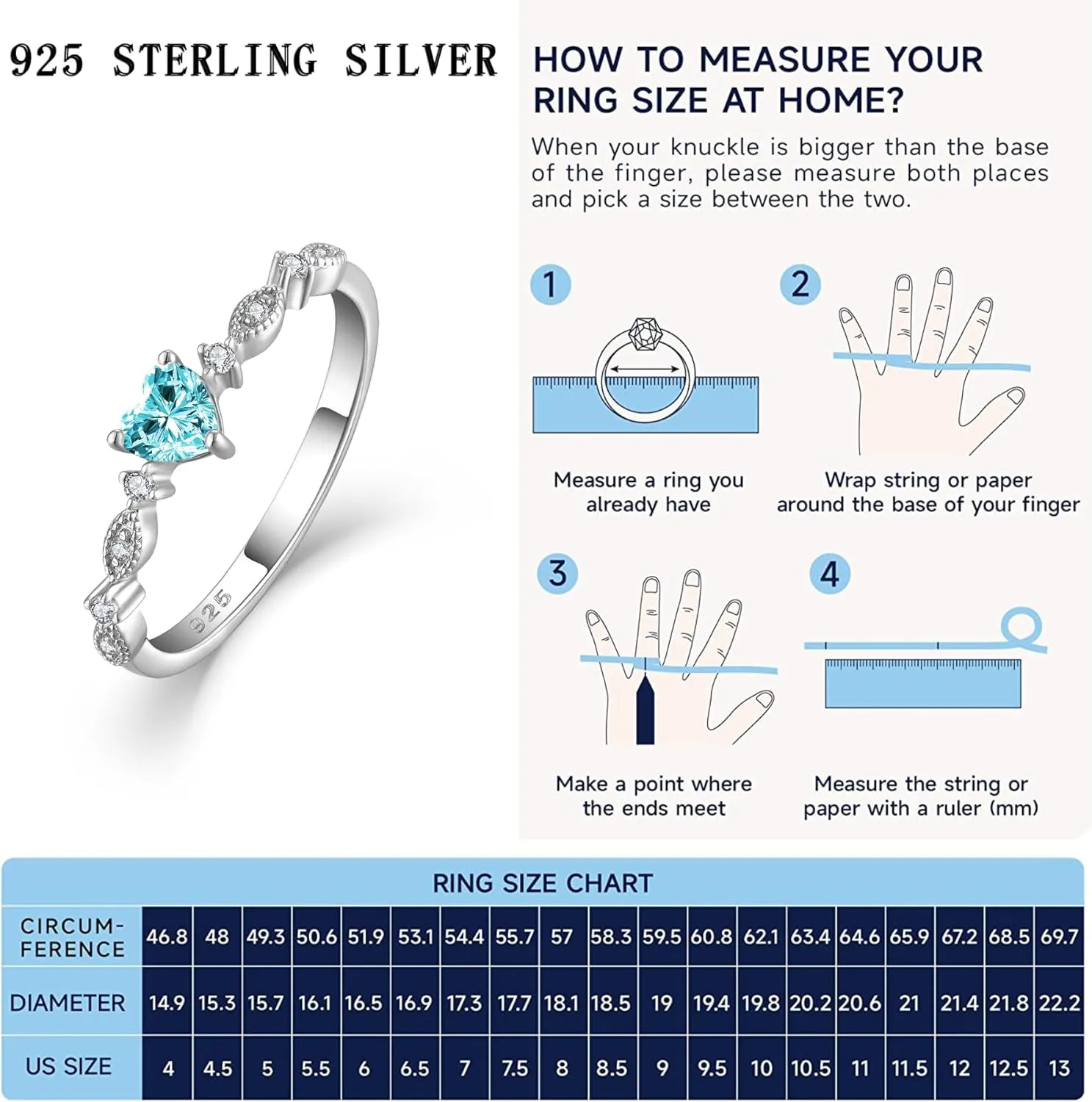 925 Sterling Silver Heart CZ Ring, Cubic Zirconia Stackable Birthstone Engagement Promise Bands Rings Anniversary Jewelry for Women Wife Girlfriend, Size 5-10