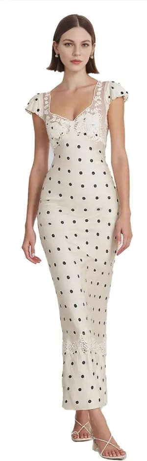 Aesthetic White Lace Satin Maxi Polka Dot Dress Romantic Backless Silk Party Dresses for Women