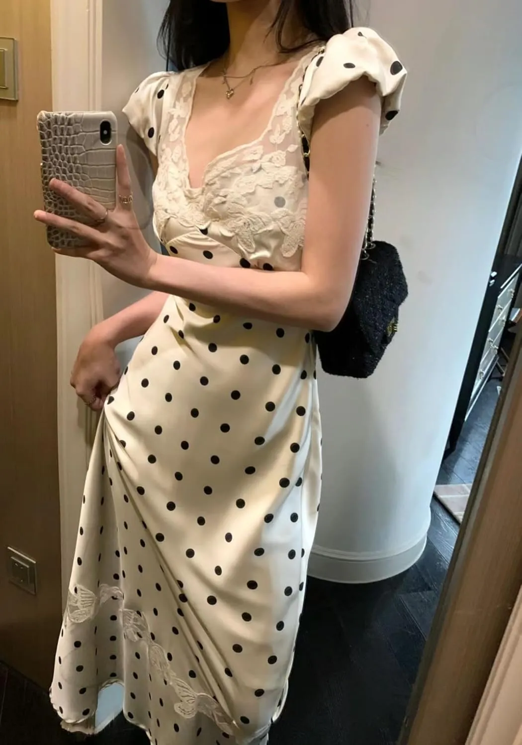 Aesthetic White Lace Satin Maxi Polka Dot Dress Romantic Backless Silk Party Dresses for Women