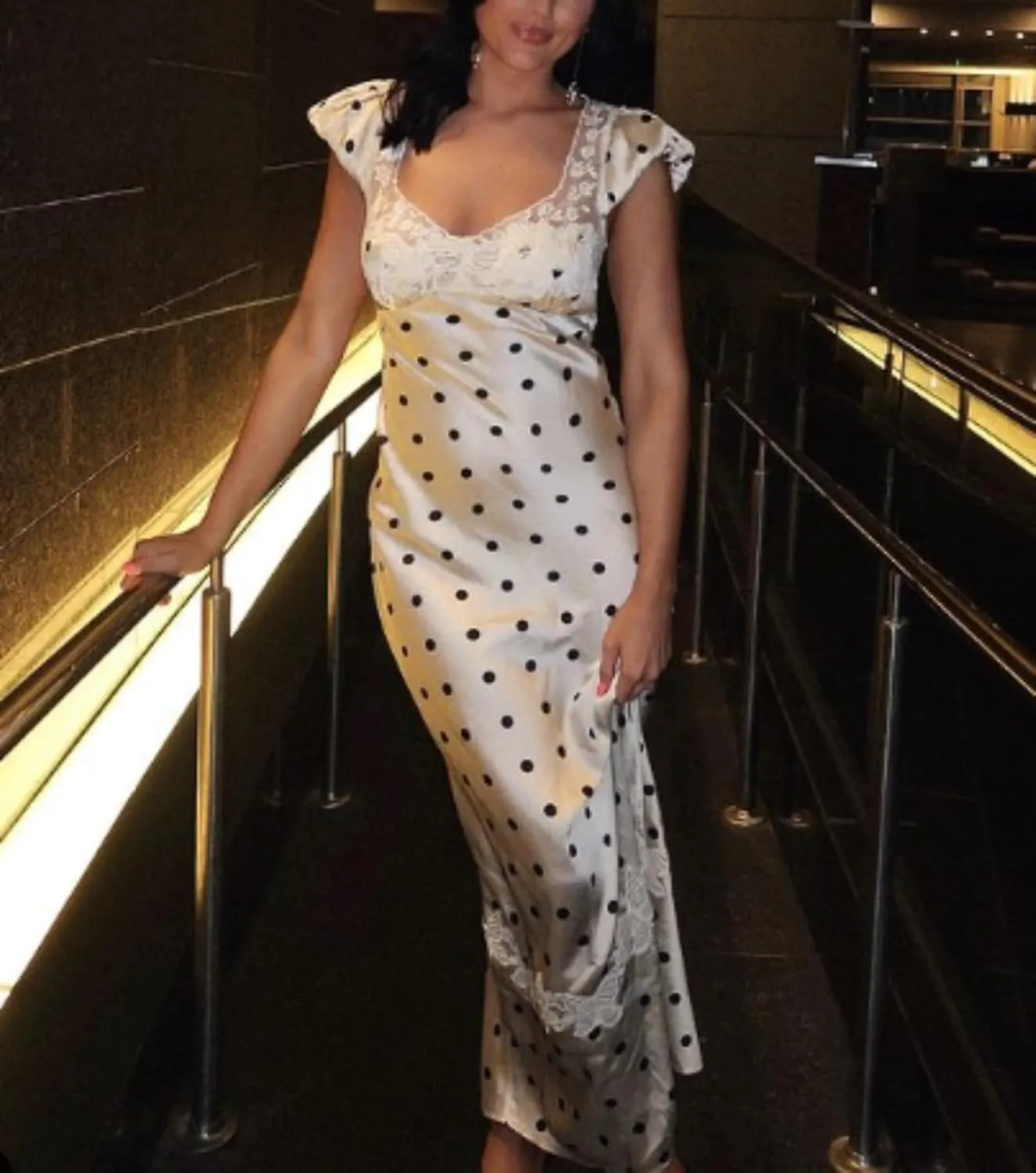 Aesthetic White Lace Satin Maxi Polka Dot Dress Romantic Backless Silk Party Dresses for Women