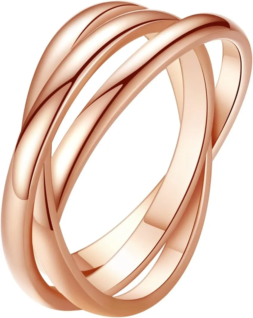 ALEXTINA Anxiety Rings for Women Triple Band Rings Rolling Fidget Rings for Anxiety 3pcs Stainless Steel Puzzle Rainbow Ring Stacking Ring Wedding Band, Rose Gold Size 5