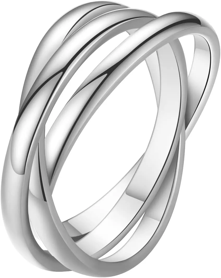 ALEXTINA Anxiety Rings for Women Triple Band Rings Rolling Fidget Rings for Anxiety 3pcs Stainless Steel Puzzle Rainbow Ring Stacking Ring Wedding Band, Silver Size 5