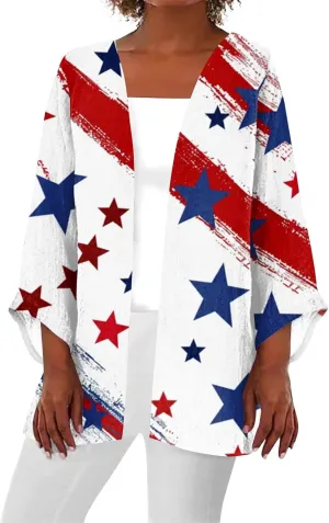 American Flag Cardigan 4Th of July Kimono Cover Up 3/4 Length Puff Sleeve Open Front Cover Up Summer 2025 Tops Clothes
