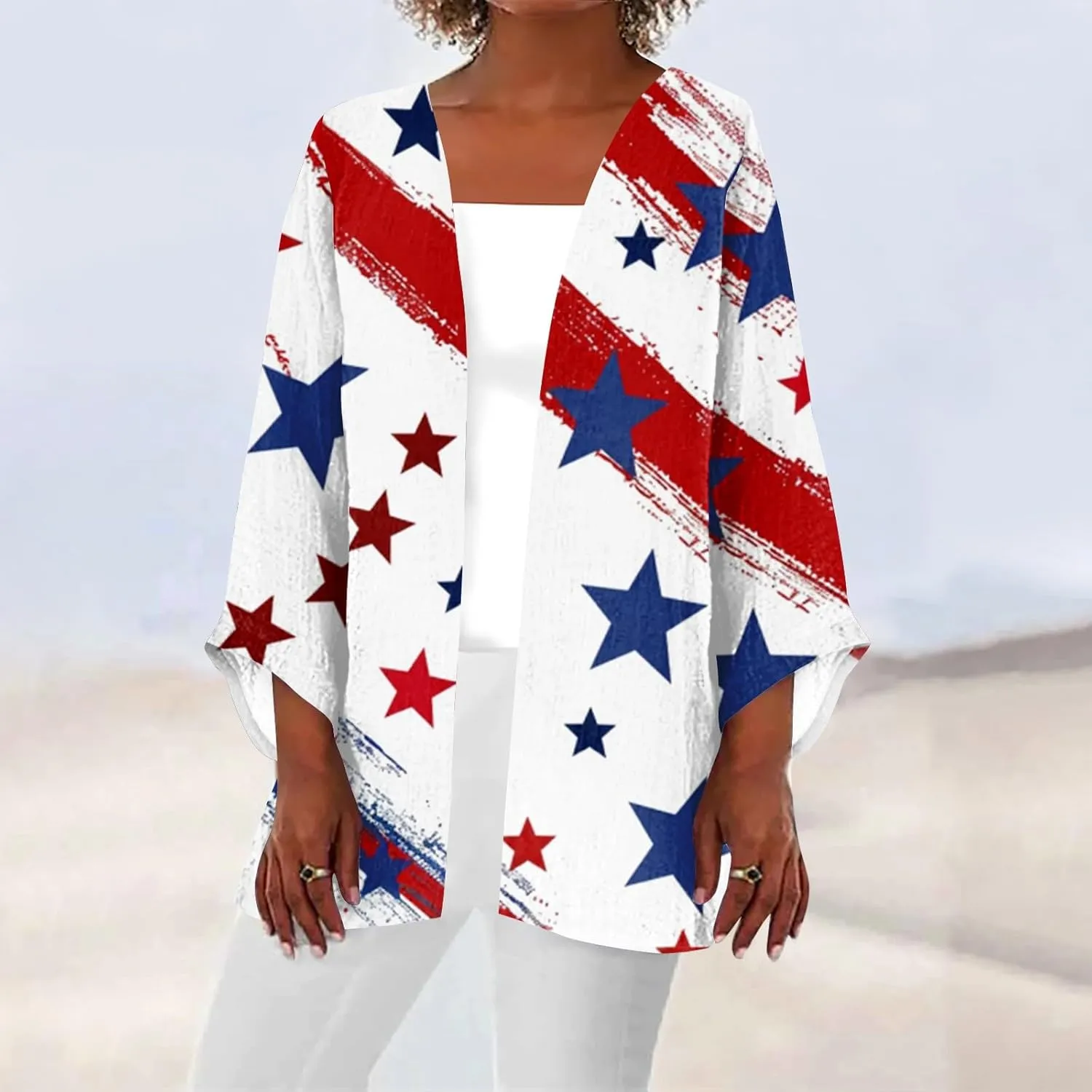 American Flag Cardigan 4Th of July Kimono Cover Up 3/4 Length Puff Sleeve Open Front Cover Up Summer 2025 Tops Clothes
