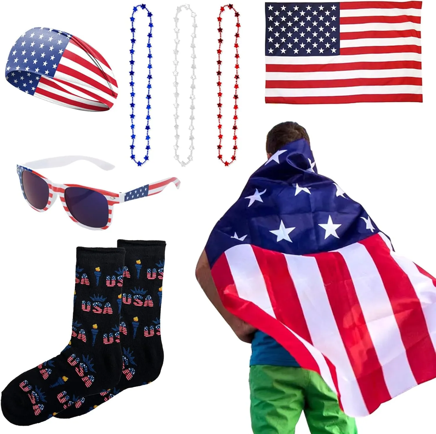 American Flag Costume Cape 4th of July USA Flag Socks Headband Patriotic Sunglasses Necklace Independence Day Patriotic Accessories