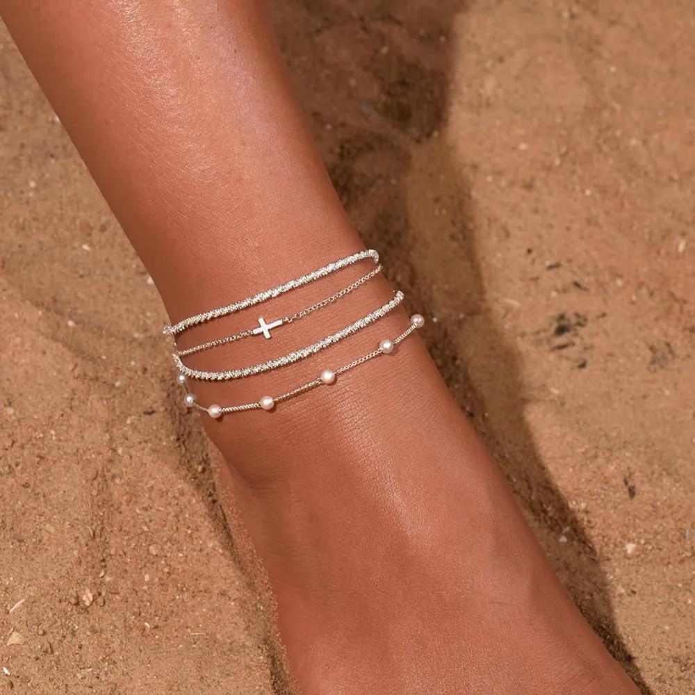 Anklets for Women 18K Gold Plated Anklets Waterproof Ankle Bracelets for Women Silver Ankle Bracelet Cross Satellite Gold Beads Herringbone Tennis Crystal Evil Eye Beach Anklets Dainty Jewelry Gift