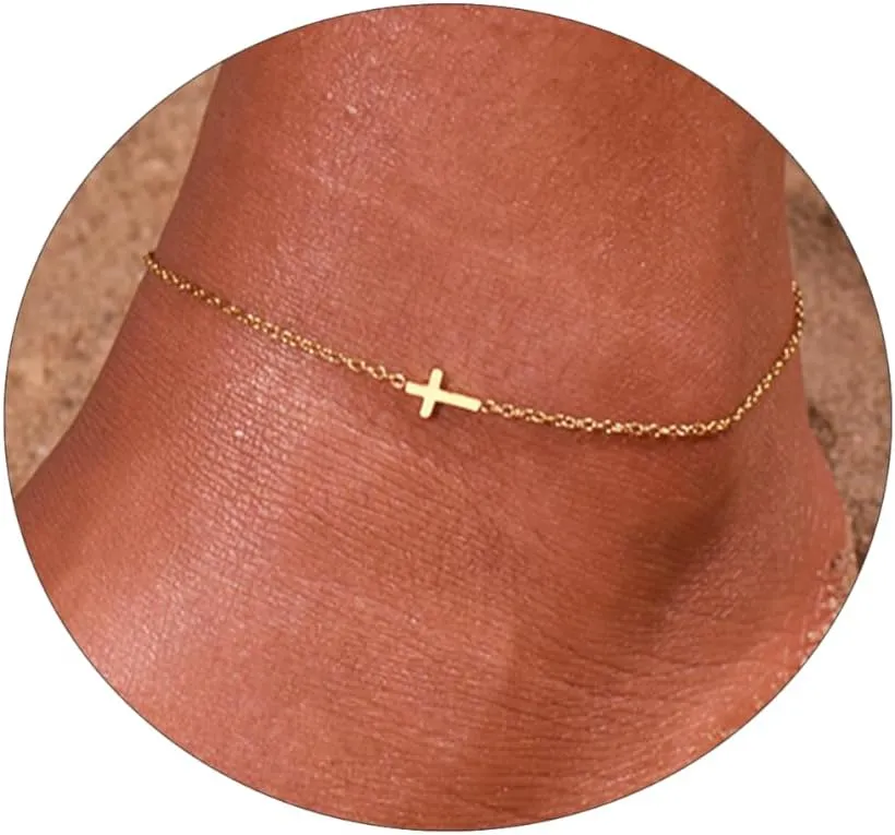 Anklets for Women 18K Gold Plated Anklets Waterproof Ankle Bracelets for Women Silver Ankle Bracelet Cross Satellite Gold Beads Herringbone Tennis Crystal Evil Eye Beach Anklets Dainty Jewelry Gift