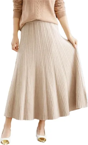 Autumn Winter Women's Elastic High Waist A-Line Pleated Knitted Midi Skirt