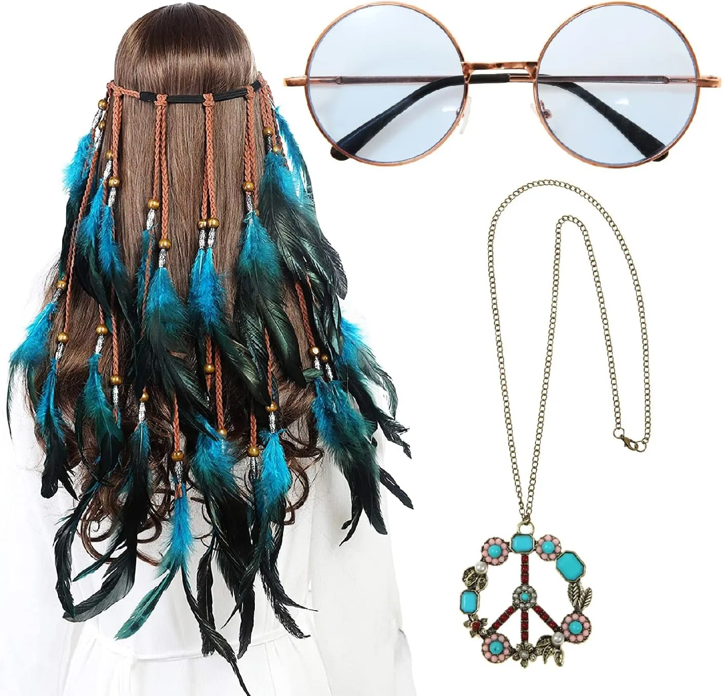 AWAYTR 3PCS Women Hippie Costume Set - 70s Boho Flower Headband, Gold Peace Sign Necklace, Daisy Sunglasses