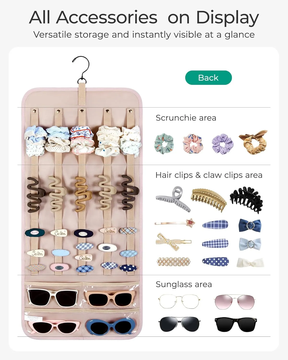 BAGSMART Hanging Jewelry Organizer Claw Clip Holder for Headbands, Sunglasses, Hair Clips, Claw Clips Double-Sided on Closet, Wall, Door, 1 piece, Large-Light Beige